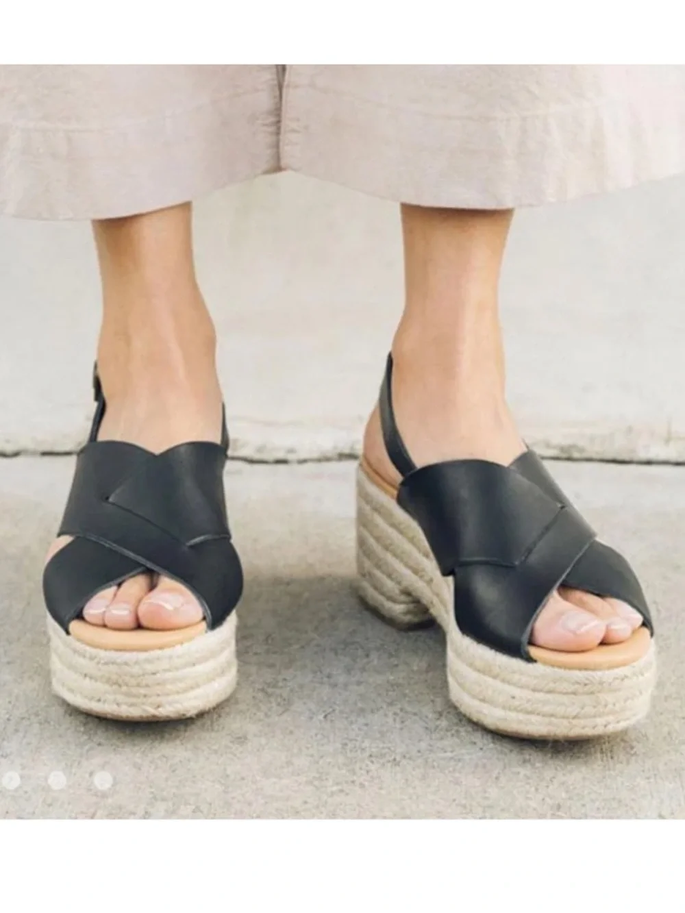 Soludos Amalfi Black Leather Espadrille Platforms